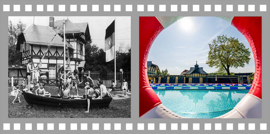 Foto-Kollage mit zwei Fotos vom Dreienbrunnenbad, von links nach rechts: historisches Foto zeigt Kinder in Boot auf Liegewiese, nächstes  Foto zeigt Blick auf Schwimmbecken und Gebäude, fotografiert durch einen Schwimmring